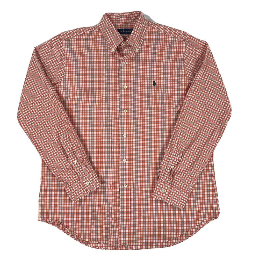Ralph Lauren Mens Orange Check Cotton Long Sleeve Button Down Shirt Size Large